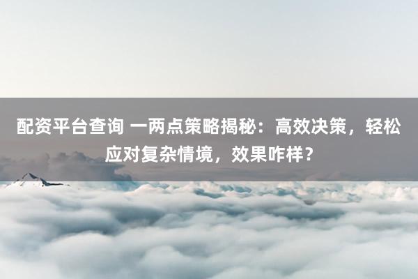 配资平台查询 一两点策略揭秘：高效决策，轻松应对复杂情境，效果咋样？